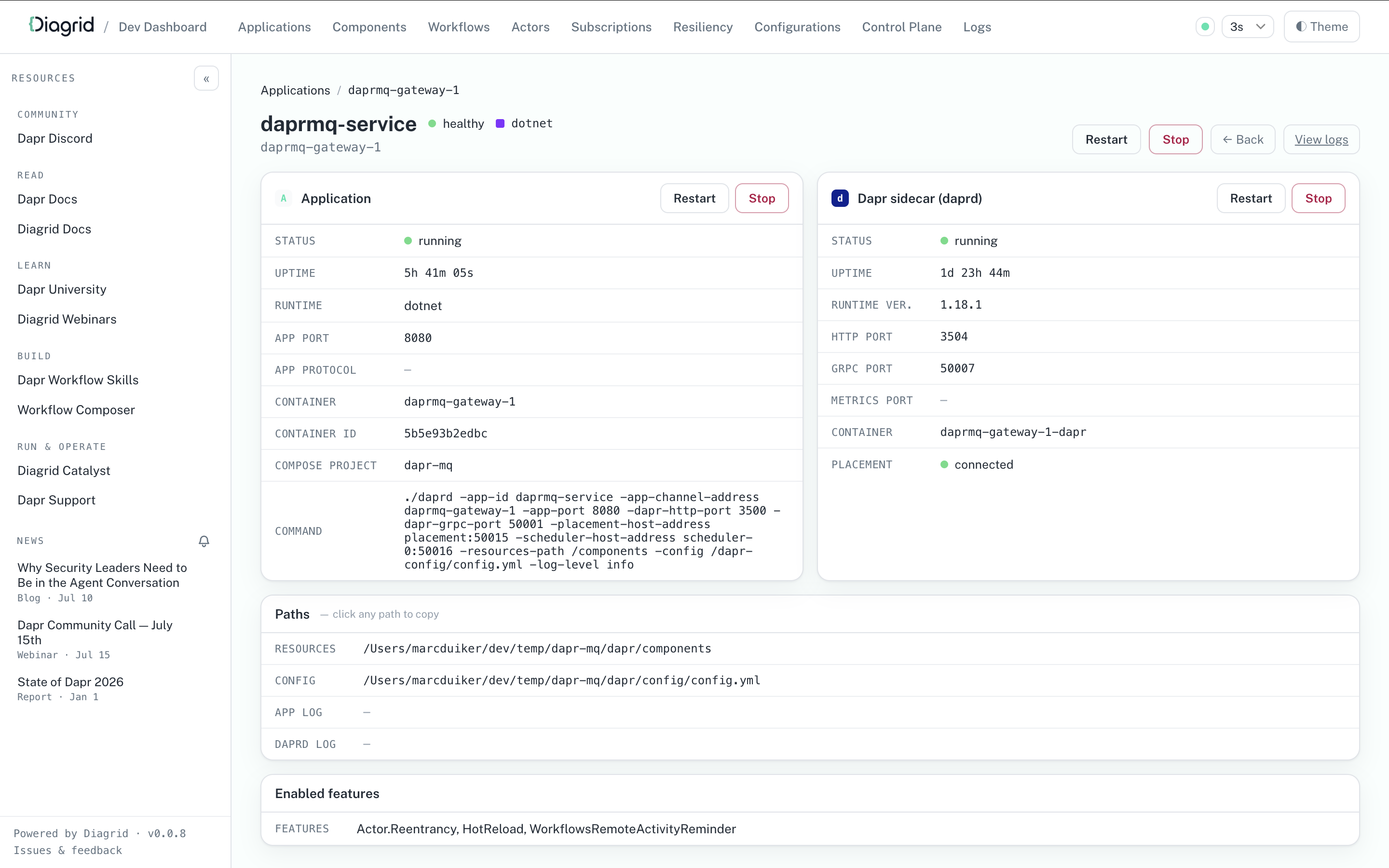 Dapr Dev Dashboard showing the details of a single Dapr application