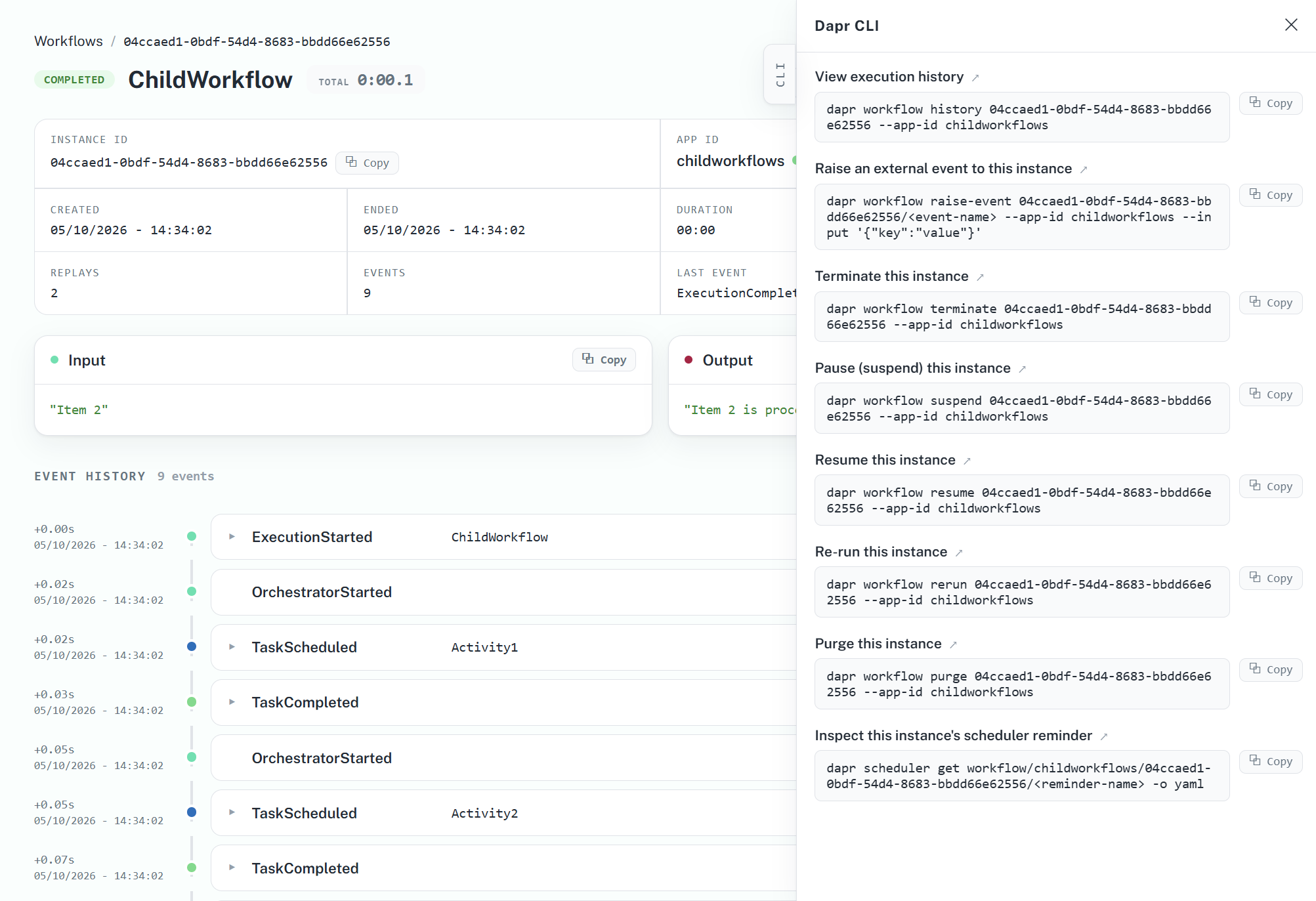Dapr Dev Dashboard showing the CLI drawer with Dapr CLI commands for a workflow instance