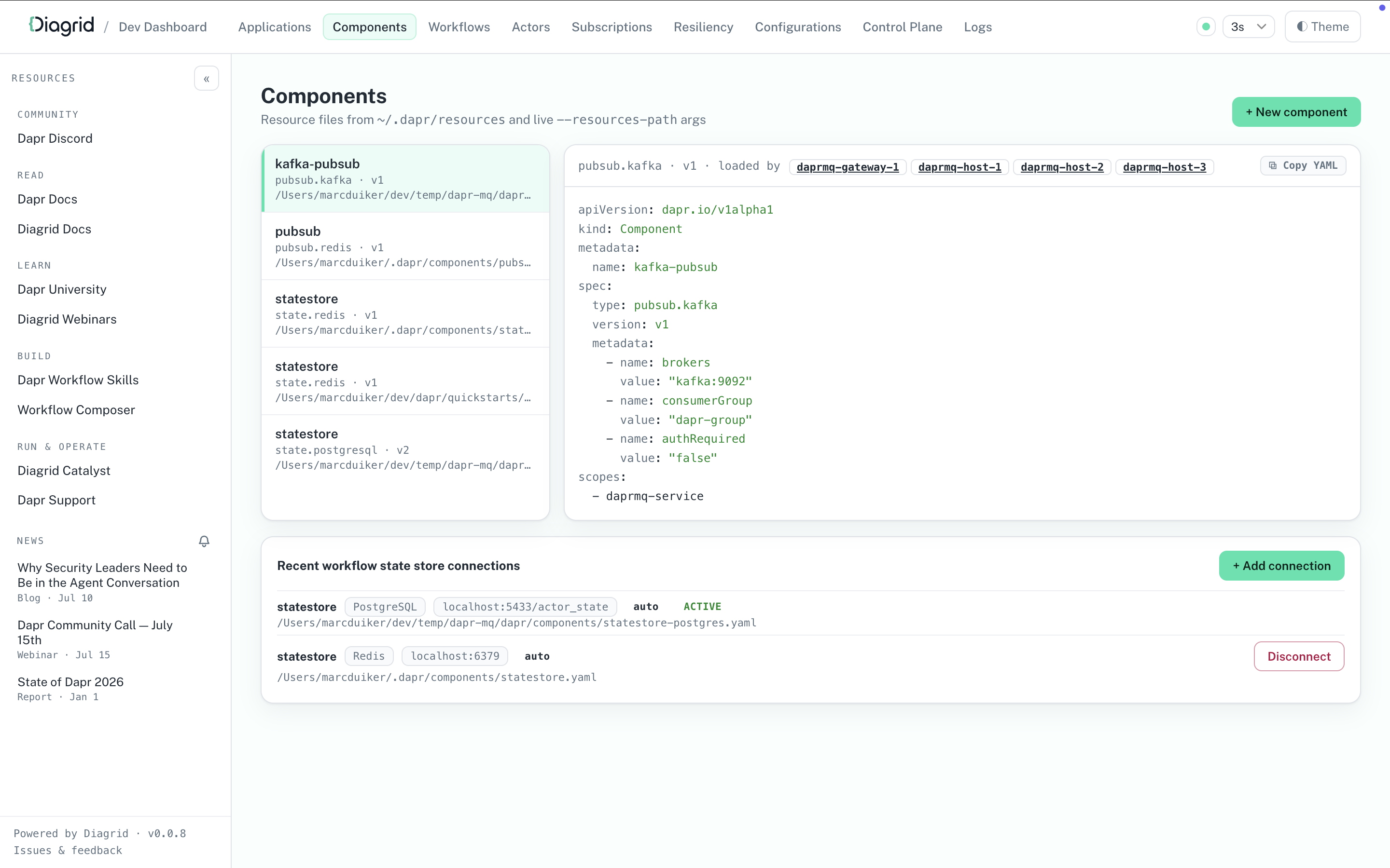 Dapr Dev Dashboard showing the loaded Dapr components