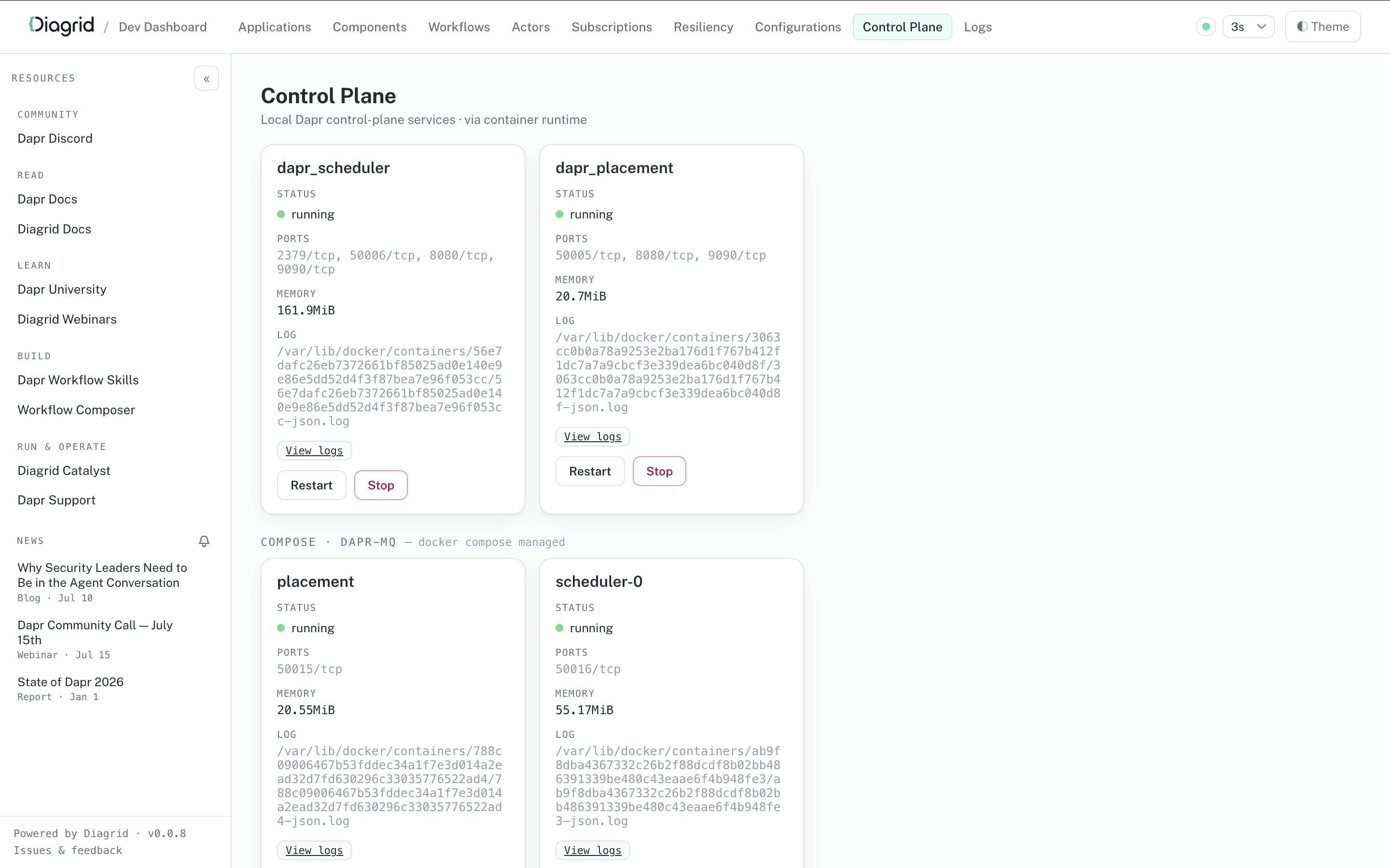 Dapr Dev Dashboard showing the local Dapr control plane services