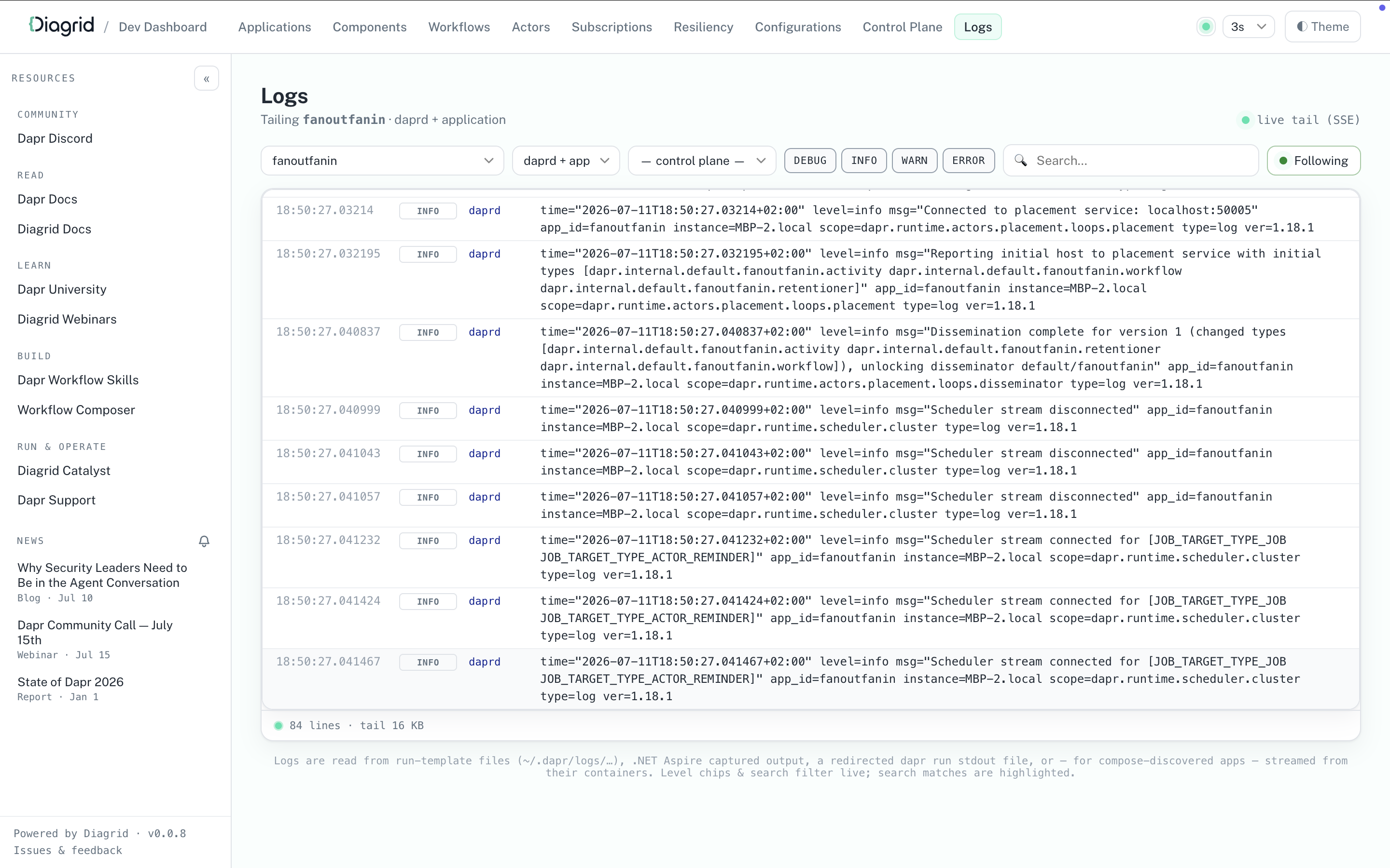 Dapr Dev Dashboard streaming application and sidecar logs
