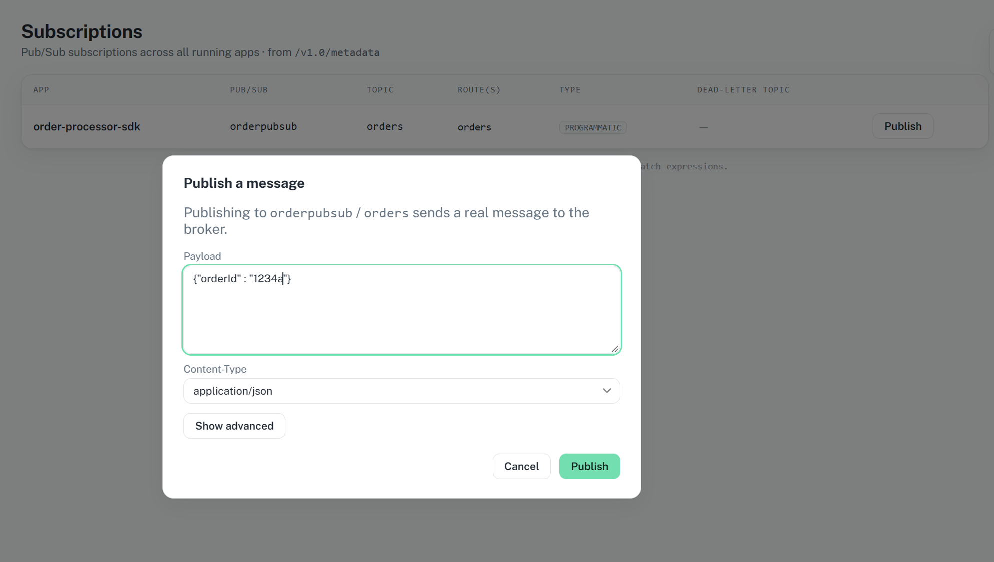 Dapr Dev Dashboard showing the dialog to publish a test message to a subscription