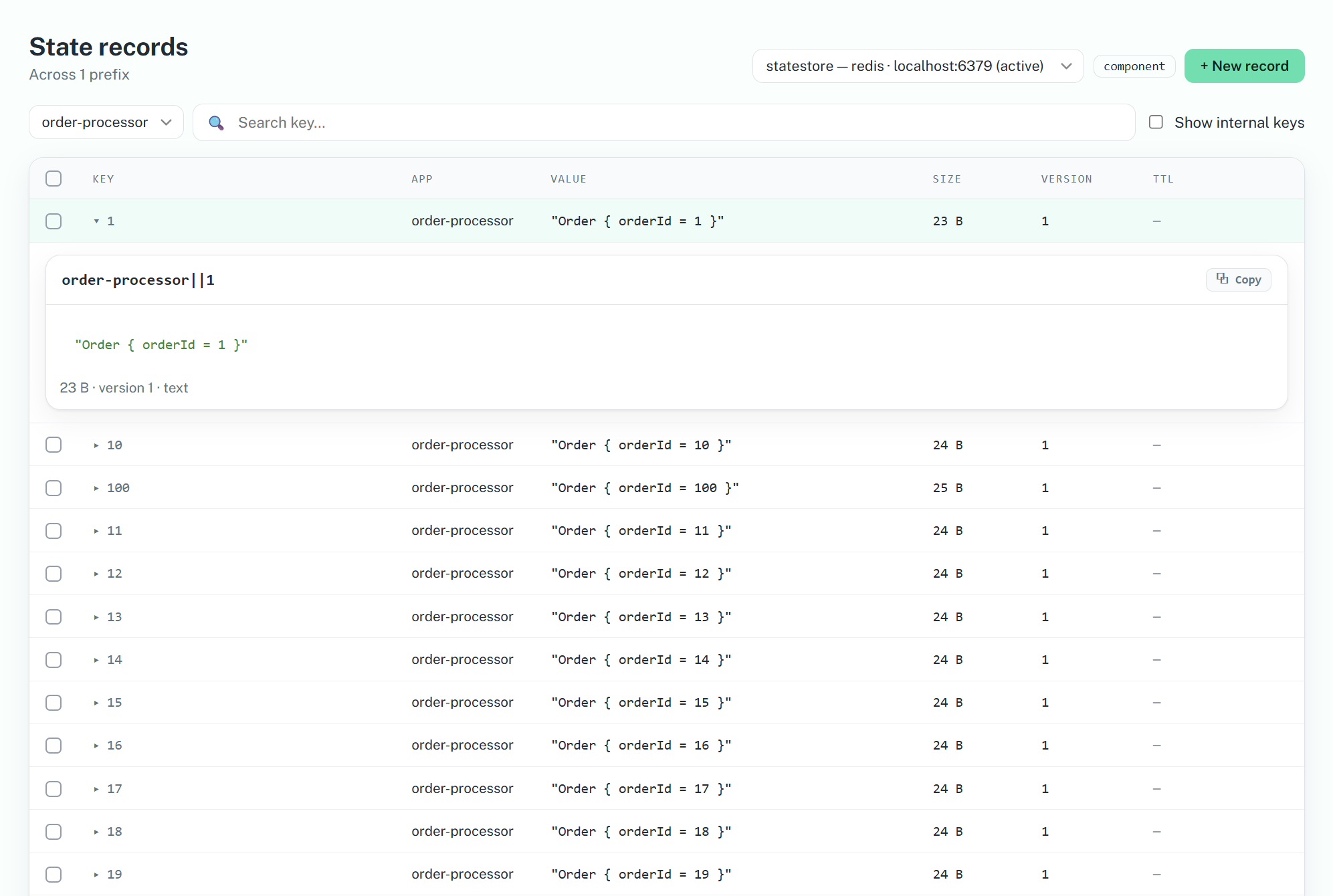 Dapr Dev Dashboard showing the records in a Redis state store