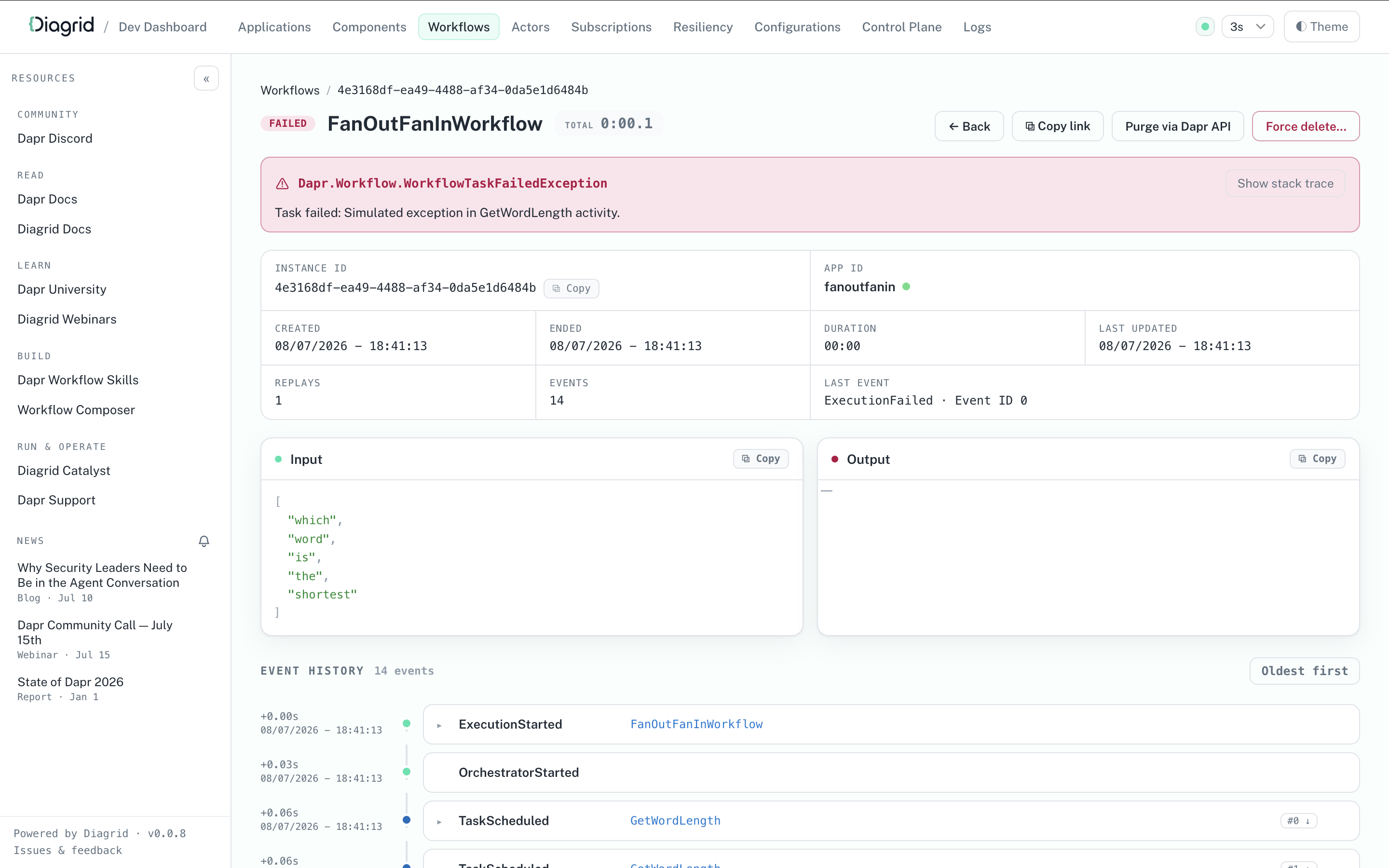 Dapr Dev Dashboard showing the event history of a workflow instance