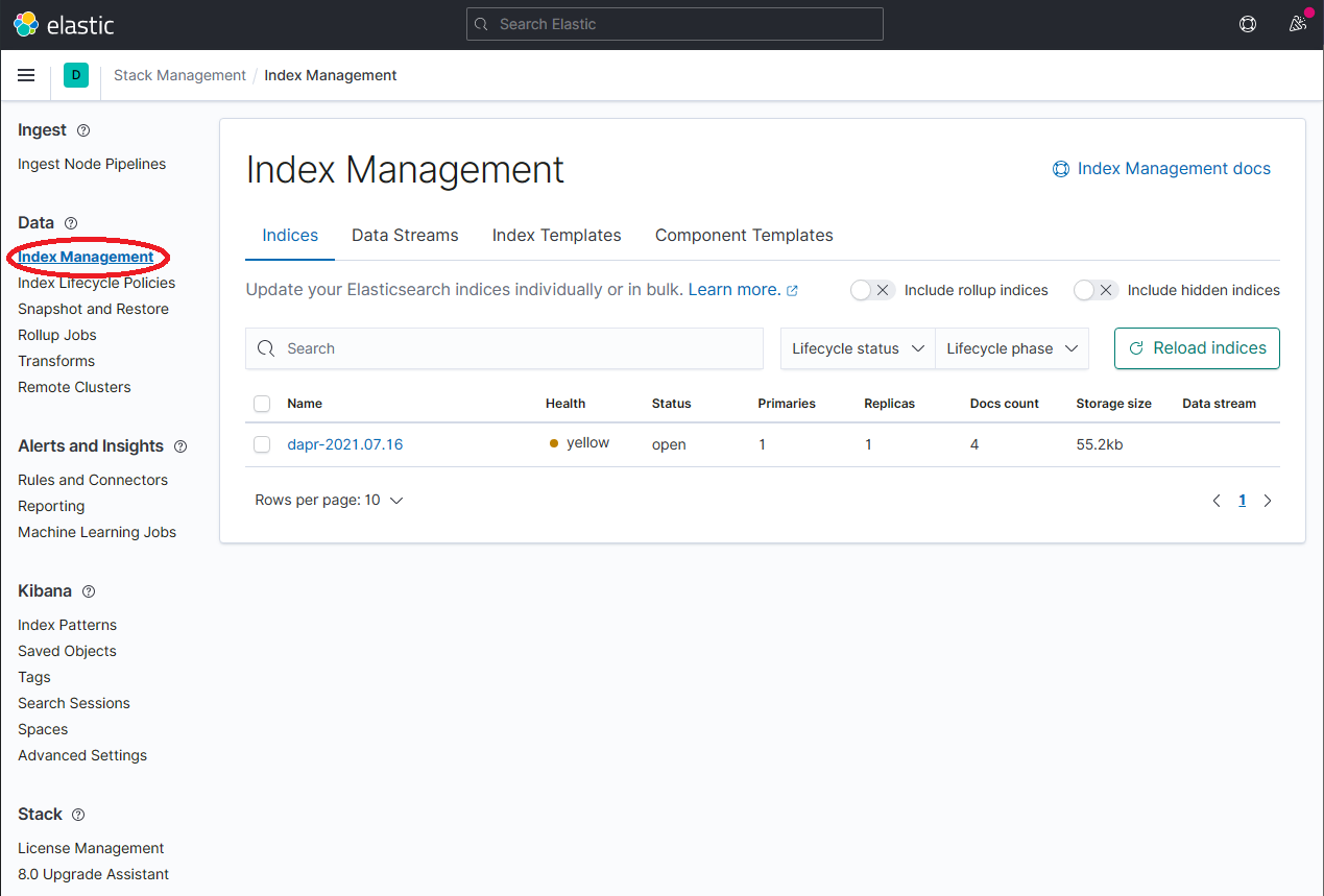 Index Management view on Kibana Stack Management page