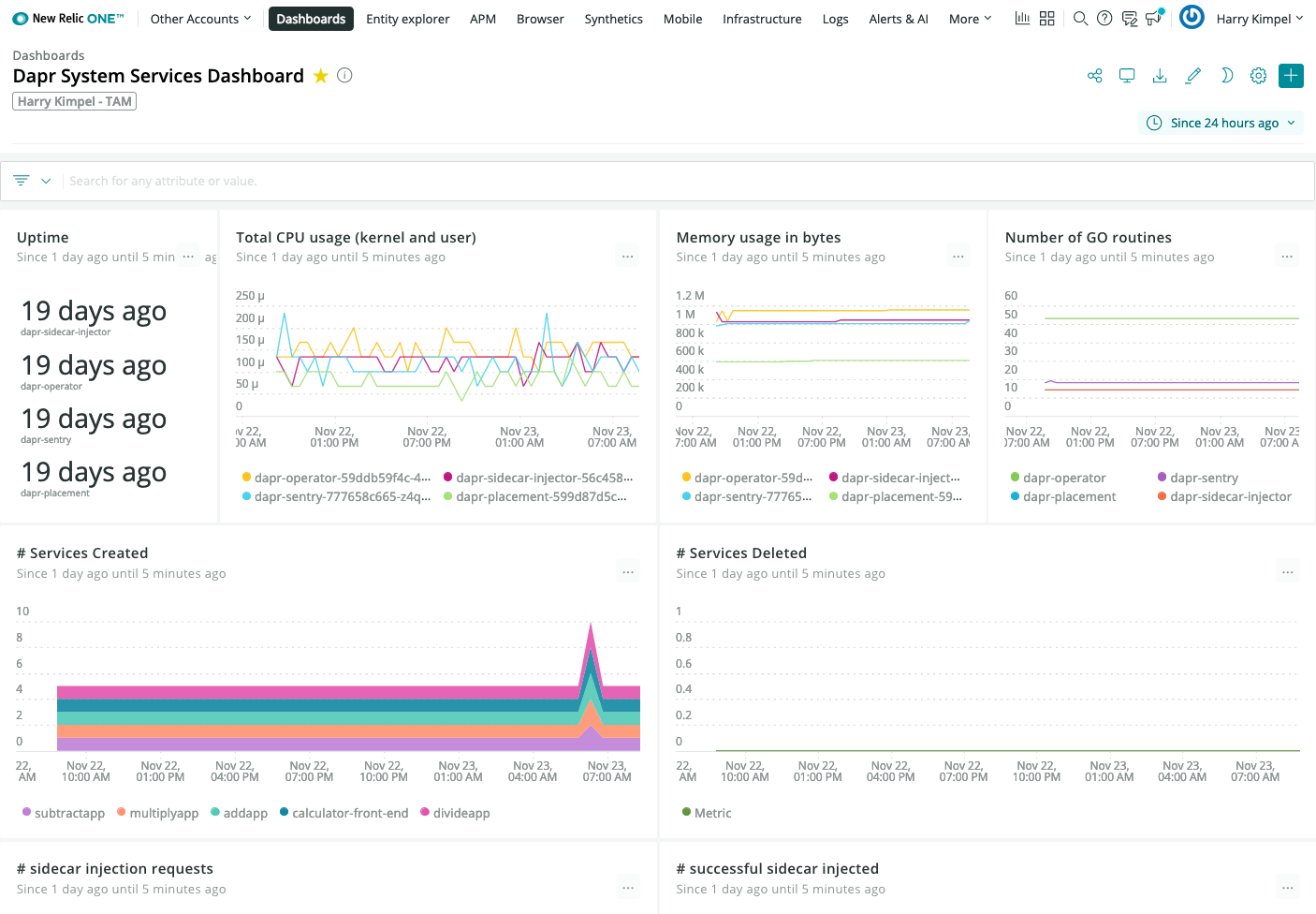 New Relic Dashboard Dapr System Services