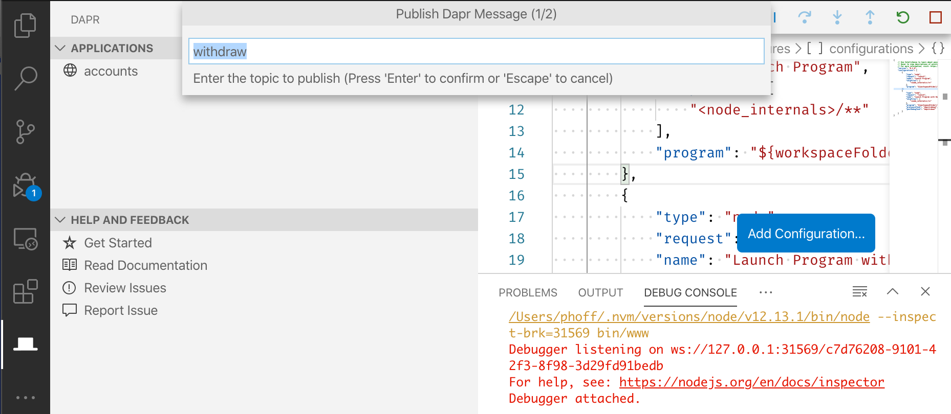 Screenshot of the Dapr VSCode extension publish option